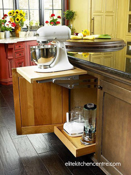 Pull-out storage for kitchen appliances.